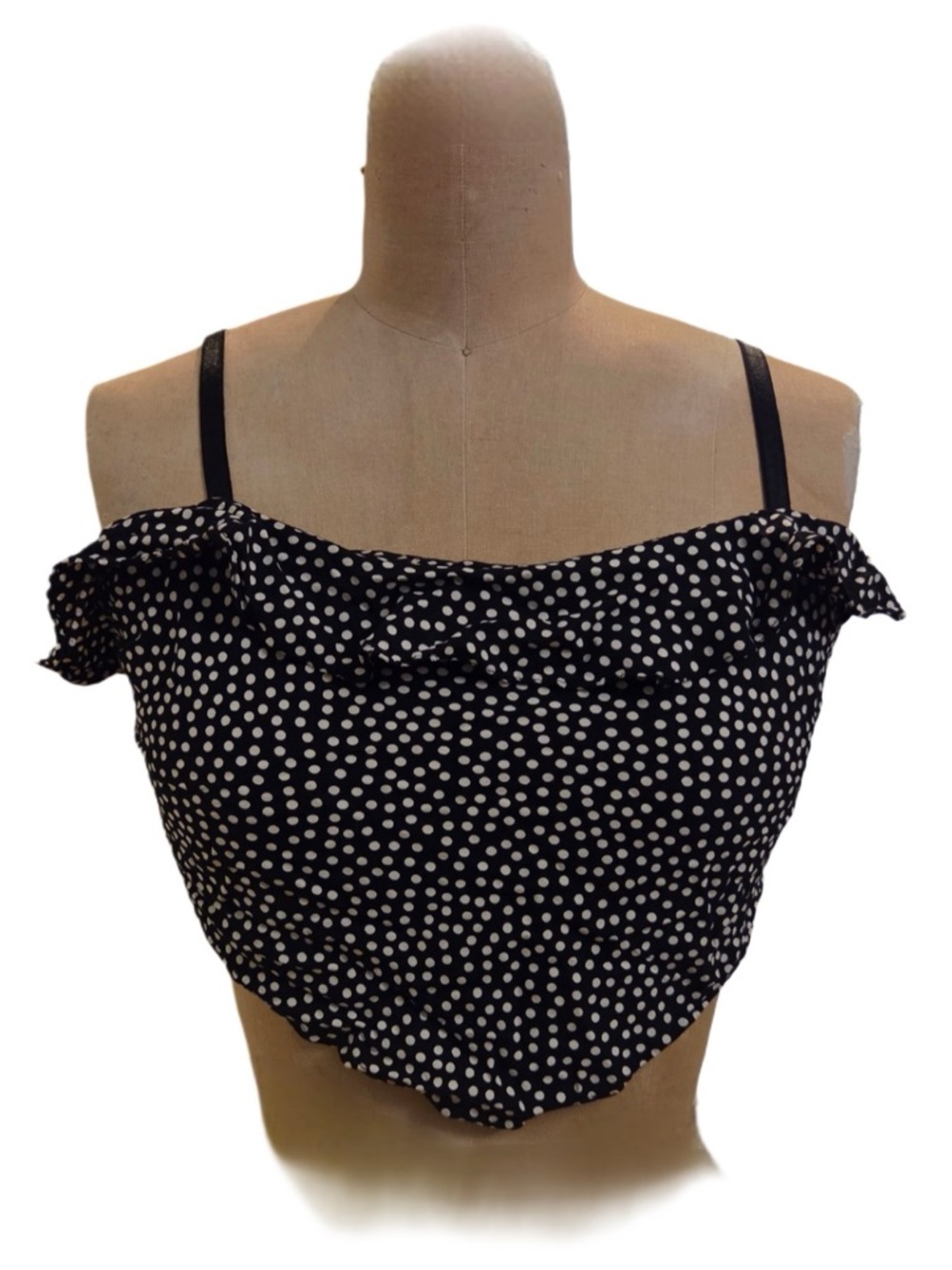 Black Polka Dot Single Strap Ruffle Off-Shoulder Crop Top